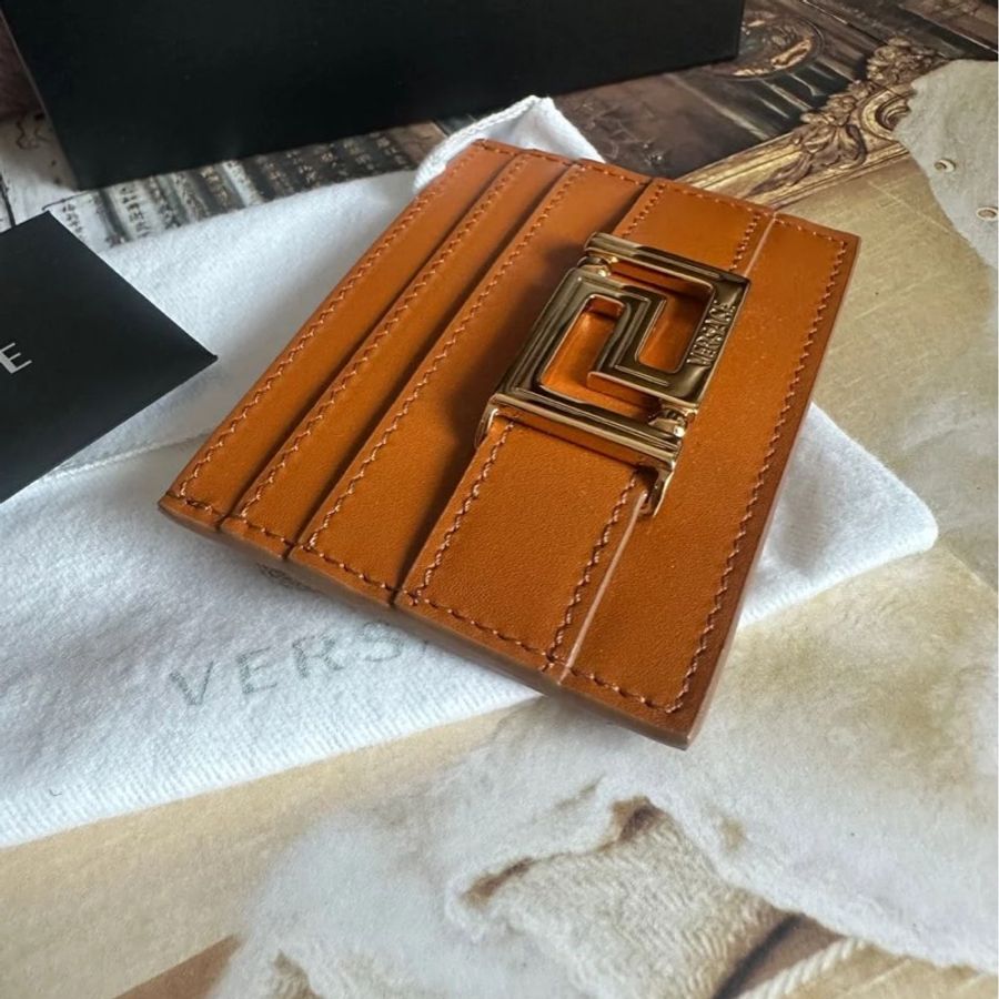 范思哲卡夾 短夾 焦糖色 大地色系 皮革 閒置 Versace gold color card holder-4