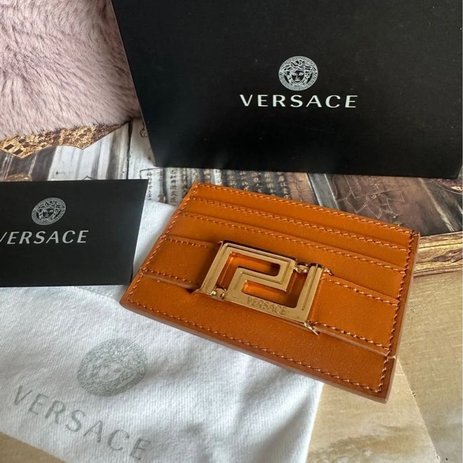 范思哲卡夾 短夾 焦糖色 大地色系 皮革 閒置 Versace gold color card holder-5