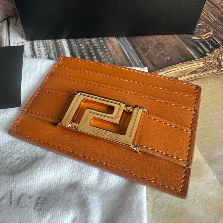范思哲卡夾 短夾 焦糖色 大地色系 皮革 閒置 Versace gold color card holder-6