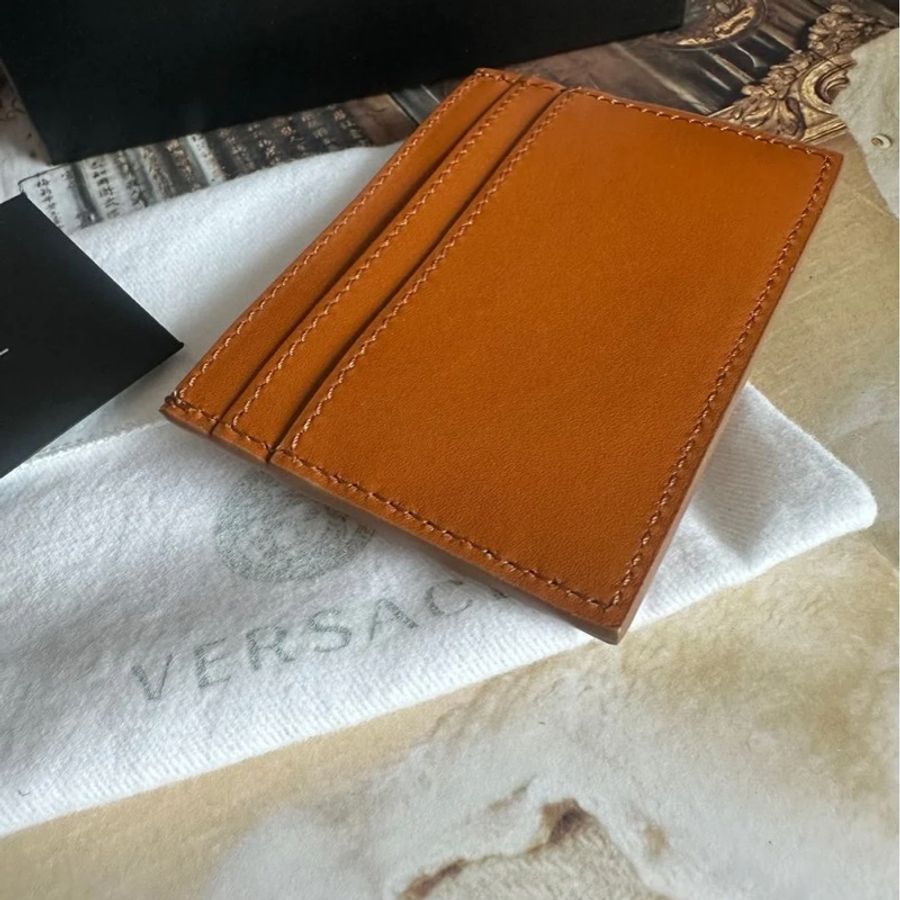 范思哲卡夾 短夾 焦糖色 大地色系 皮革 閒置 Versace gold color card holder-13