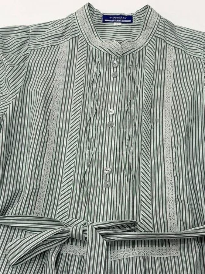 BURBERRY 蕾絲滾邊直條紋腰帶戰馬洋裝-5