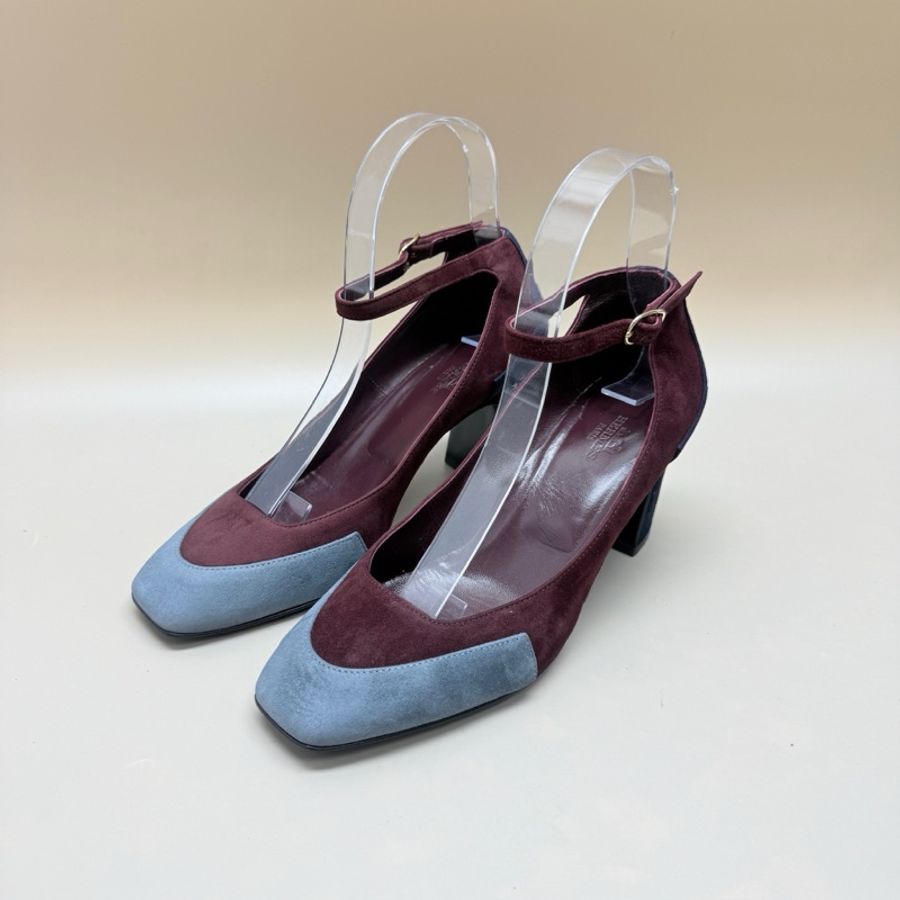 Hermes/愛馬仕 藍紅拼色綁帶高跟鞋 36.5碼-0