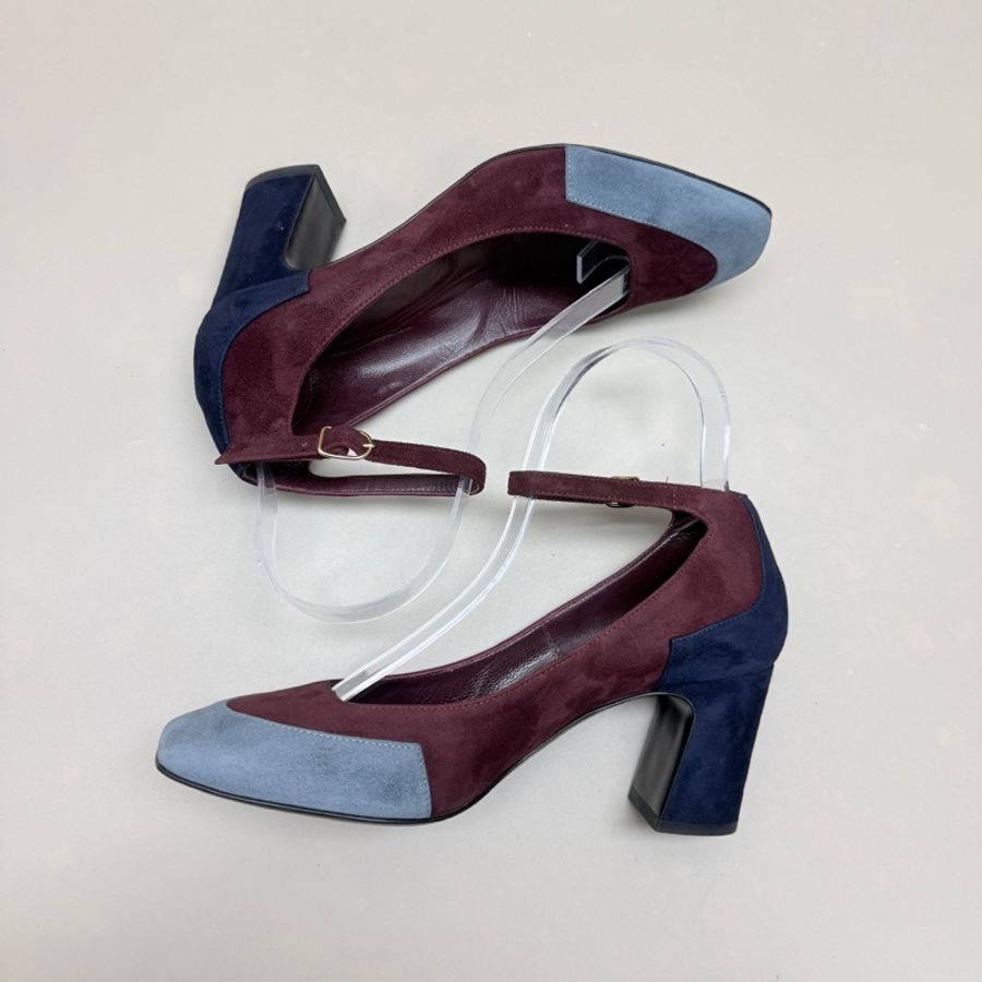 Hermes/愛馬仕 藍紅拼色綁帶高跟鞋 36.5碼-4