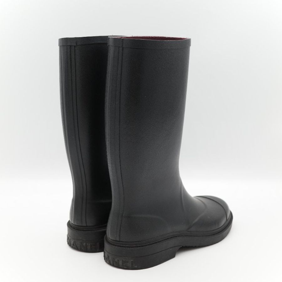 （配件齊全）Chanel 香奈兒 黑色橡膠 白色雙 C Logo 雨鞋 EU42-3