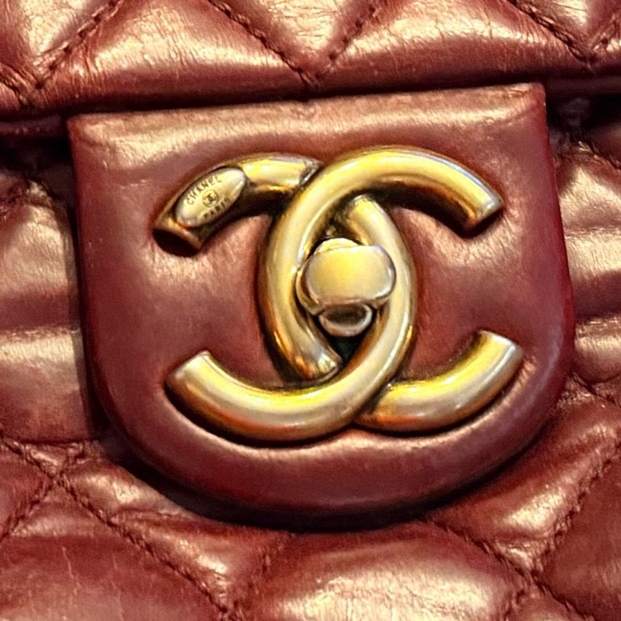 Chanel香奈兒酒紅色孟買包油蠟牛皮手柄鏈條手柄翻蓋包-14