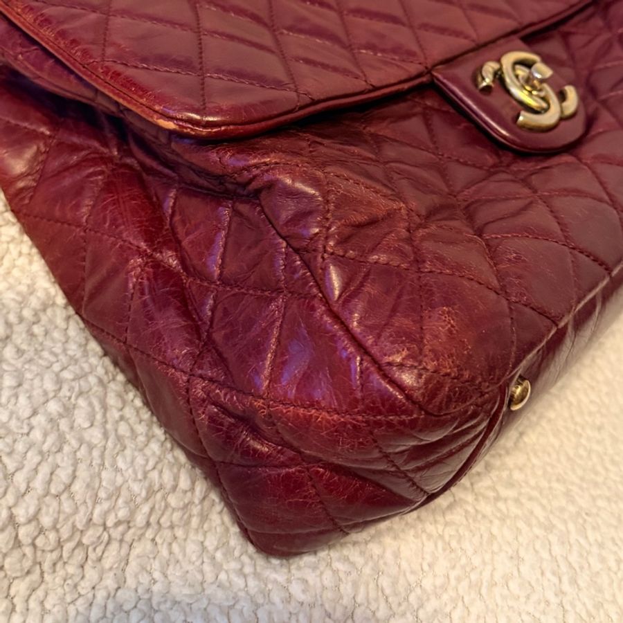 Chanel香奈兒酒紅色孟買包油蠟牛皮手柄鏈條手柄翻蓋包-29