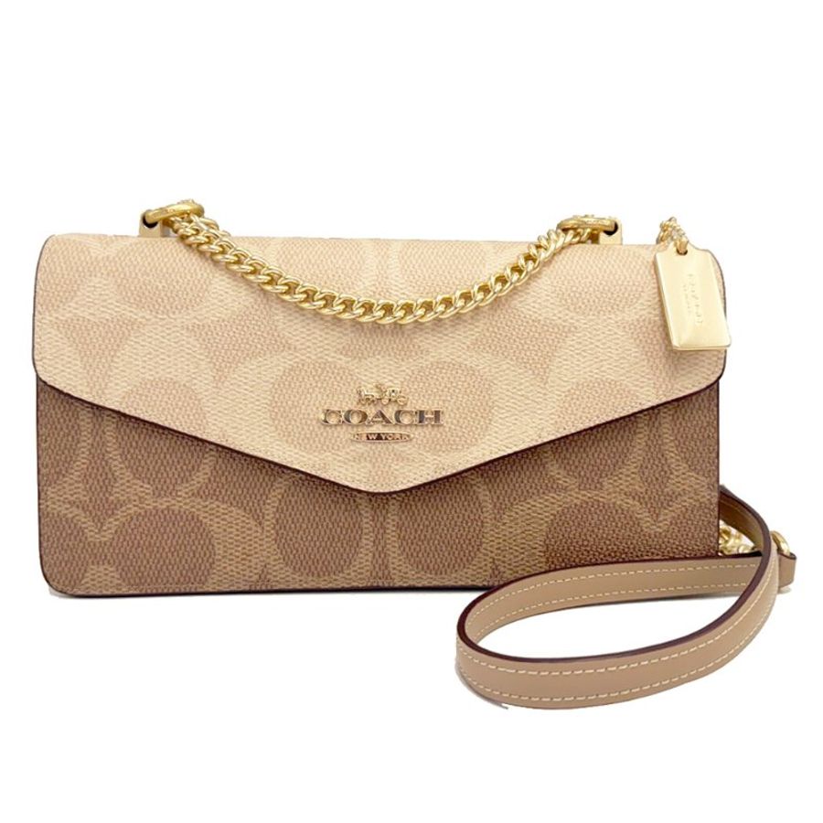 [全新]COACH C LOGO鏈帶斜背兩用掀蓋信封風琴包(米白/奶茶)-0
