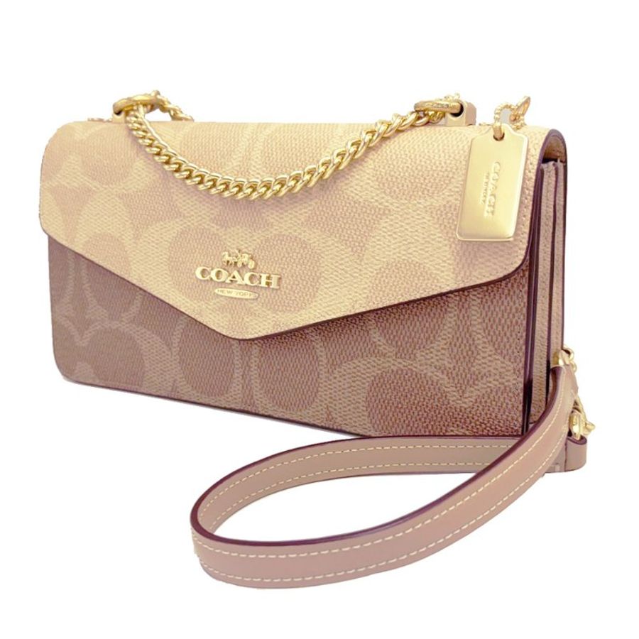 [全新]COACH C LOGO鏈帶斜背兩用掀蓋信封風琴包(米白/奶茶)-1