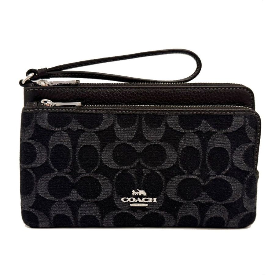 [全新]COACH C LOGO牛仔布長夾式雙層大手拿包/零錢包(牛仔黑)-0