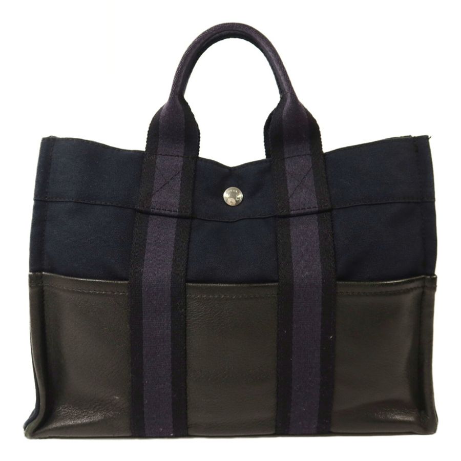 HERMES 帆布/牛皮皮革Fourre Tout PM銀扣手挽袋Noir-1