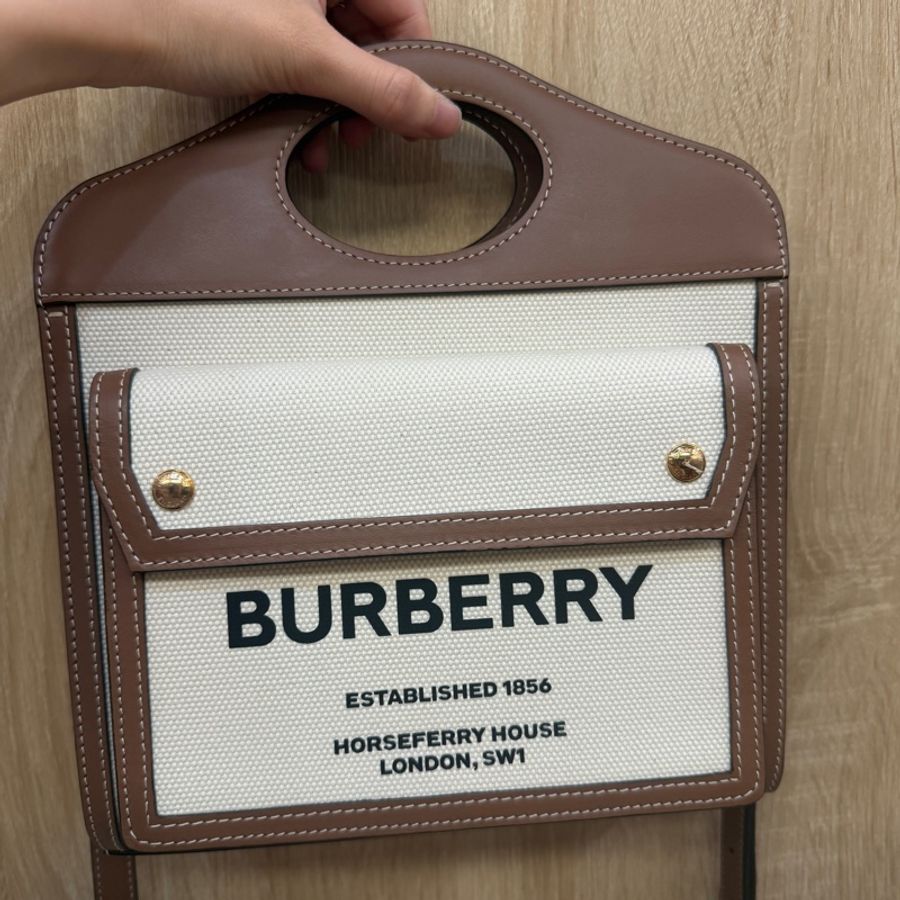 Burberry 米帆布咖牛皮mini pocket手提斜背包-0