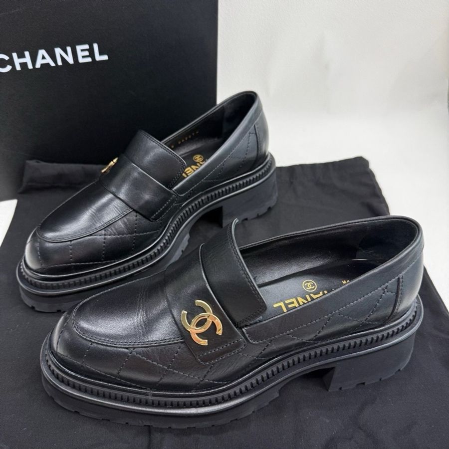CHANEL香奈兒 高級手工坊 雙C菱格紋 雙C厚底樂福鞋 黑色 37碼-1