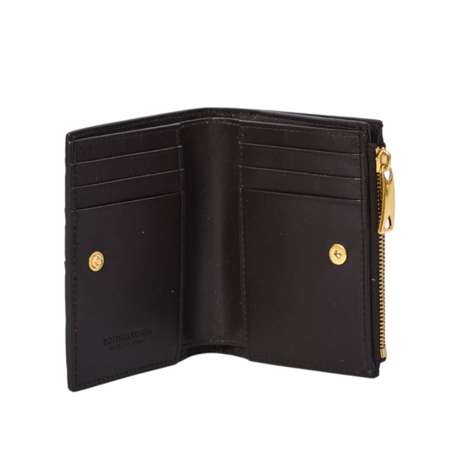 【BOTTEGA VENETA 寶緹嘉】BV Intrecciato Small Bi-Fold 編織皮革 拉鍊 卡夾 皮夾 短夾 深巧克力色 742330-4