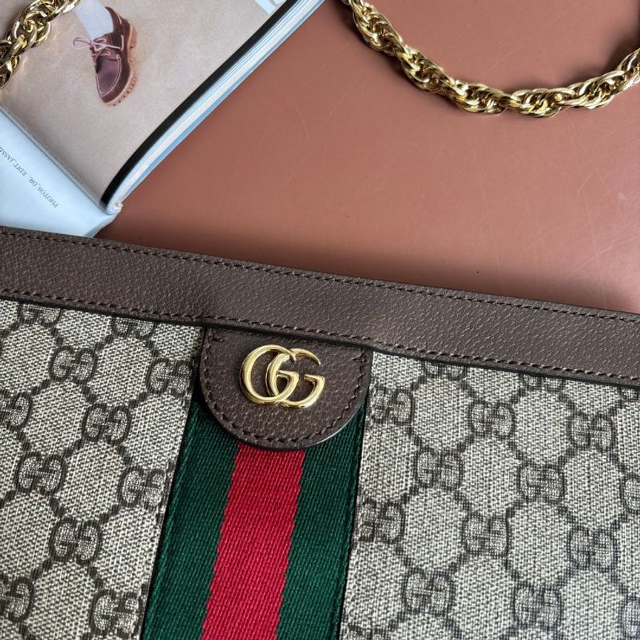 ::GUCCI::503877 Ophidia GG Supreme 烏木色PVC紅綠織帶磁吸開口橫式金鏈包 斜背包-1