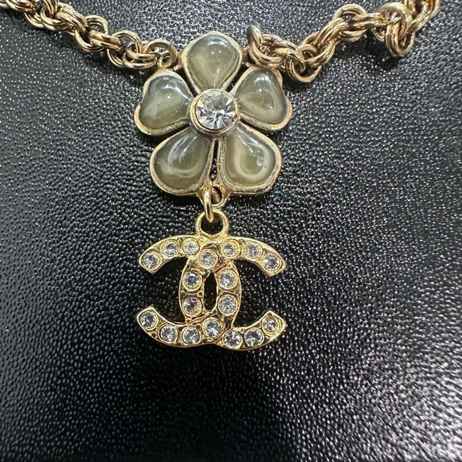 CHANEL香奈兒 花朵鑲鑽金屬復古金色項鍊-2