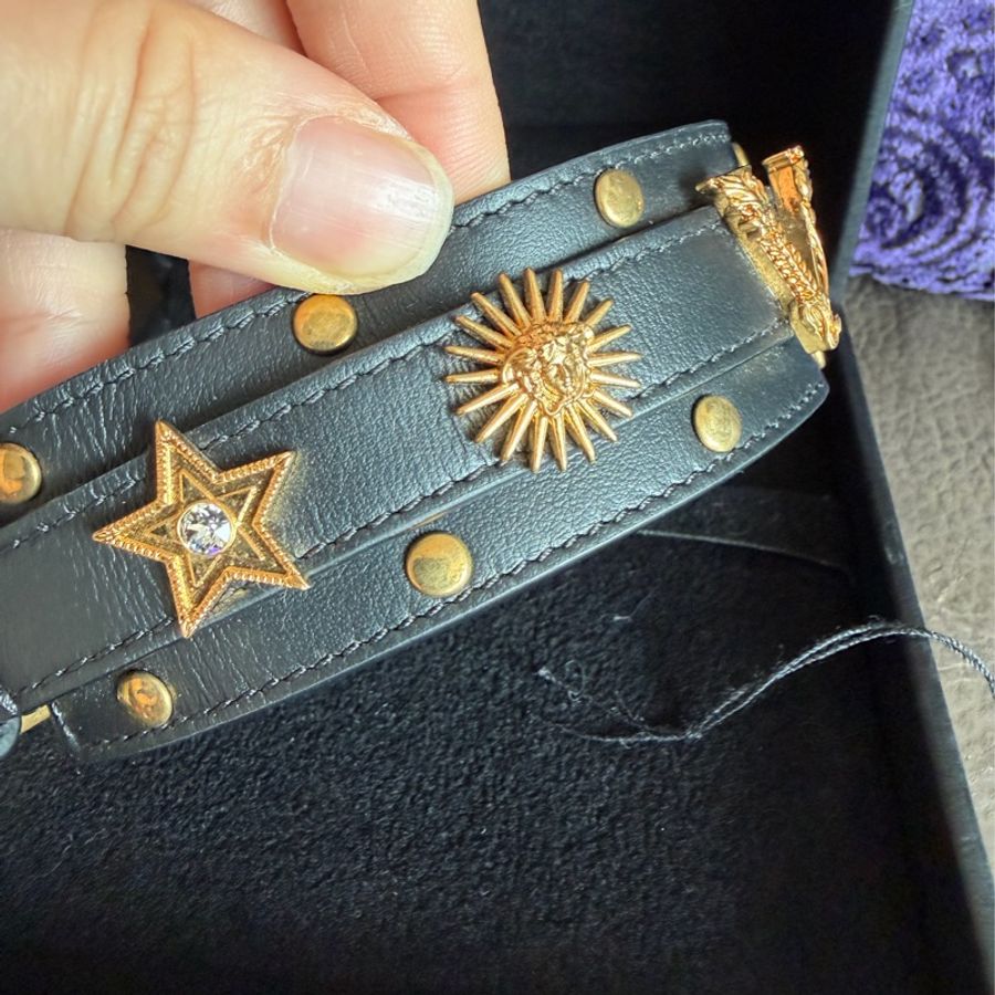 范思哲 黑色 黑色皮革 美杜莎頭 V牛仔風雙環繞手鐲 手環 versace black bracelet-2