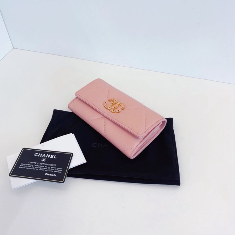 Chanel香奈兒 19bag系列粉色大菱格金扣翻蓋長錢包-5