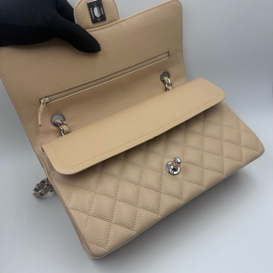 Chanel香奈兒cf杏色米色奶茶色銀扣中號荔枝紋19開帶卡帶購証-7