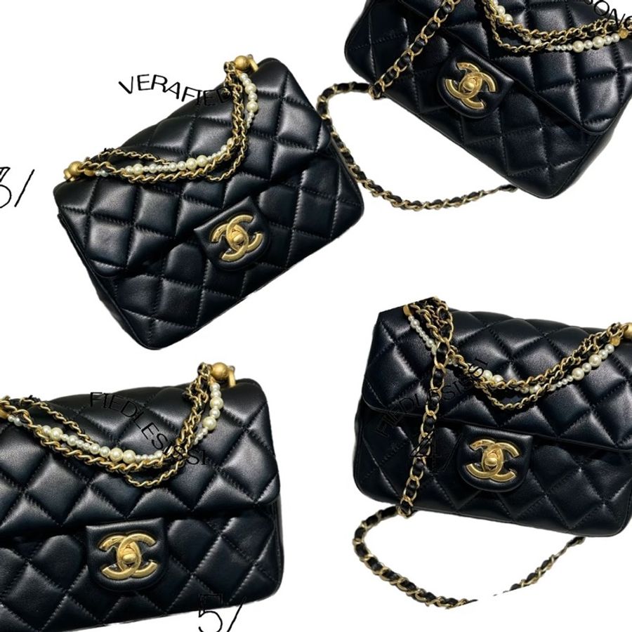 #CHANEL香奈兒CF黑金全皮菱格珍珠鍊條方胖子 芯片 尺寸 20×15 附件防塵袋 發票盒子-27