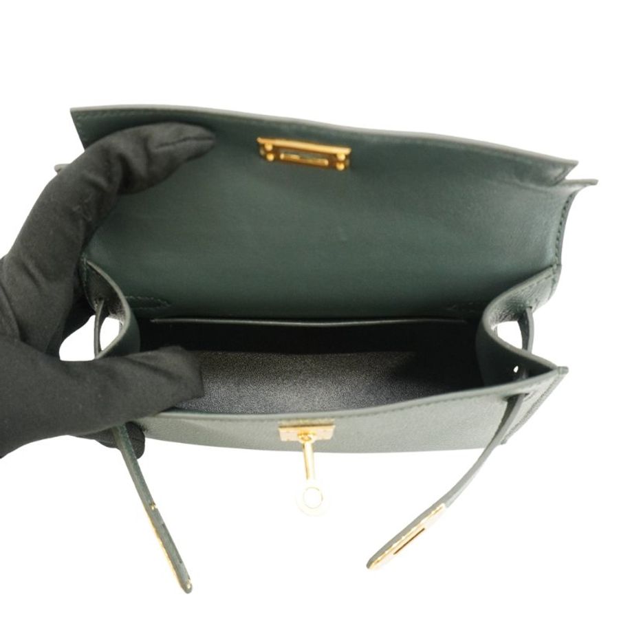 Hermes 展示品 Mini Kelly 2代 Epsom牛皮手提斜背包(Q0灰綠/K刻金釦)-4