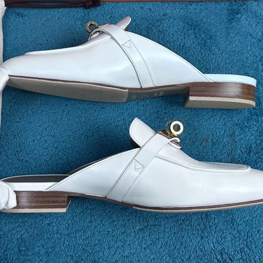 Hermès 愛馬仕oz 穆勒平底包頭拖鞋 白色36碼 附件:塵袋+盒-2