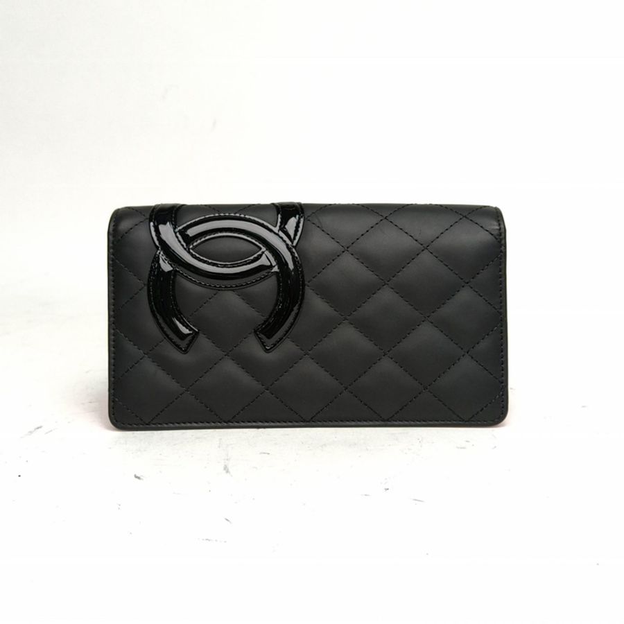 CHANEL 中古康鵬長款翻蓋錢包黑色牛皮20開銀扣-0