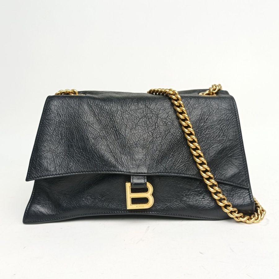 BALENCIAGA CRUSH沙漏復古做舊手提單肩包中號黑色牛皮金扣-0