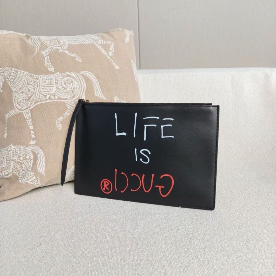 Gucci 全皮字母印花手拿包 黑色牛皮30*20 9新 配件塵袋-5