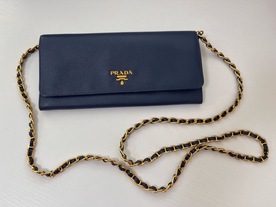 Prada 時尚藍牛皮革鏈條長夾-0