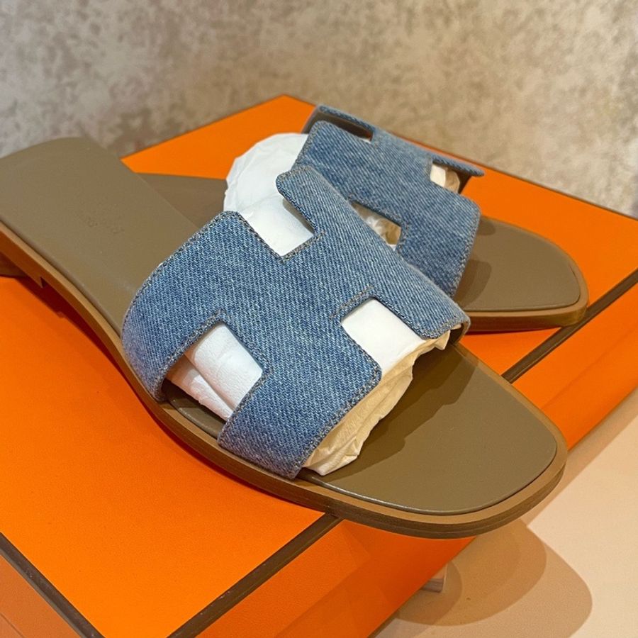 閒置未使用 Hermès 愛馬仕牛仔拖鞋37碼 附件:塵袋+盒-2