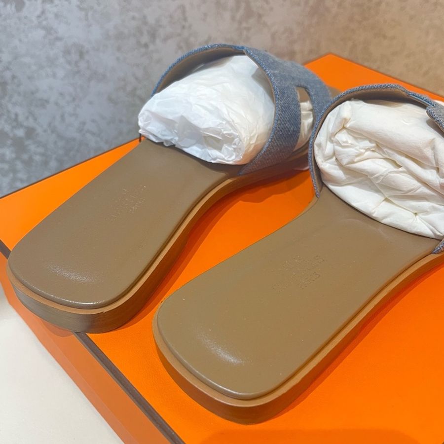 閒置未使用 Hermès 愛馬仕牛仔拖鞋37碼 附件:塵袋+盒-3