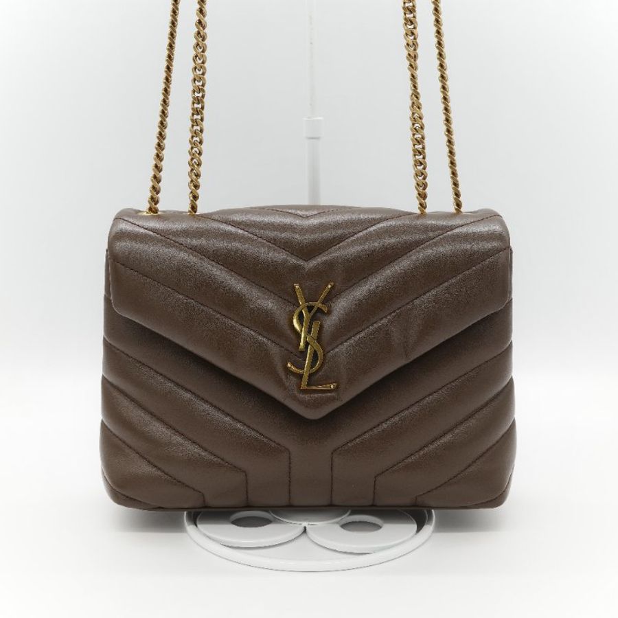 Saint Laurent YSL 聖羅蘭 Loulou 經典土褐色 絎縫小牛皮 Y 字縫線 翻蓋 鏈條斜背包-1