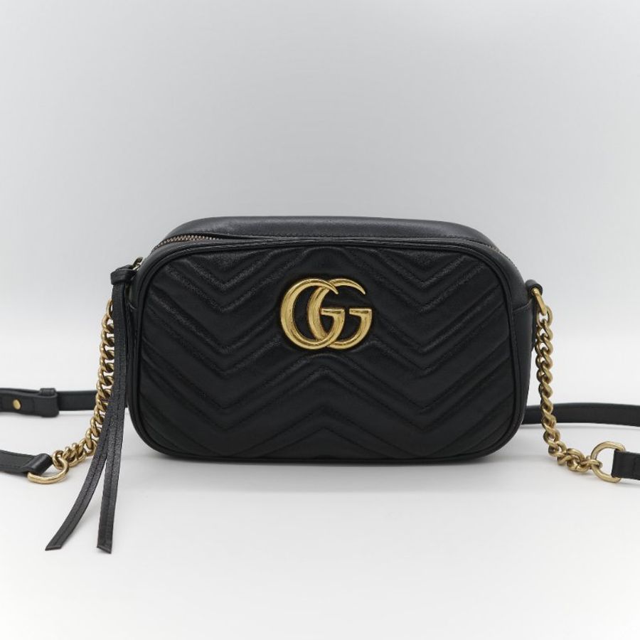 Gucci 古馳 GG Marmont 經典黑色 小牛皮 鏈條拉鍊肩背相機包-1