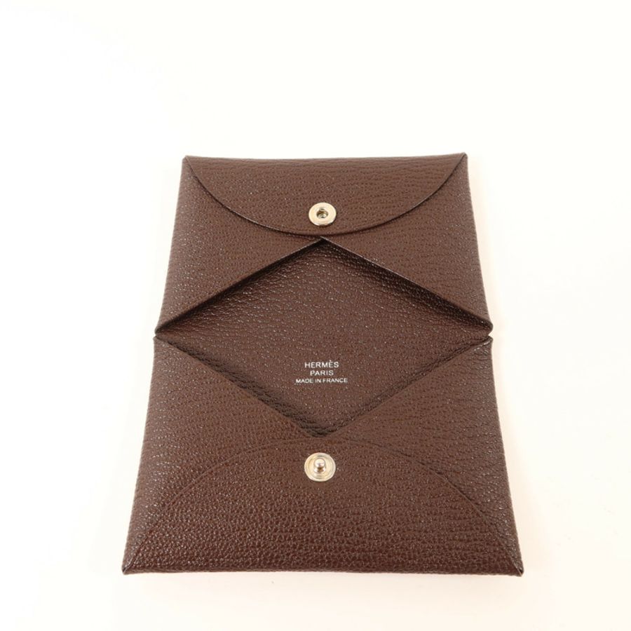 HERMES Chevre皮革Calvi Card Case銀扣卡片套Terre-4
