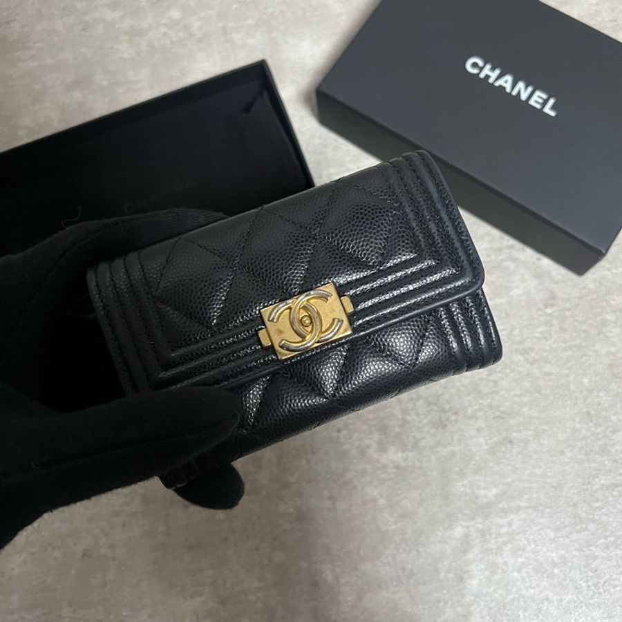 正品 Chanel boy荔枝皮黑金卡夾-4
