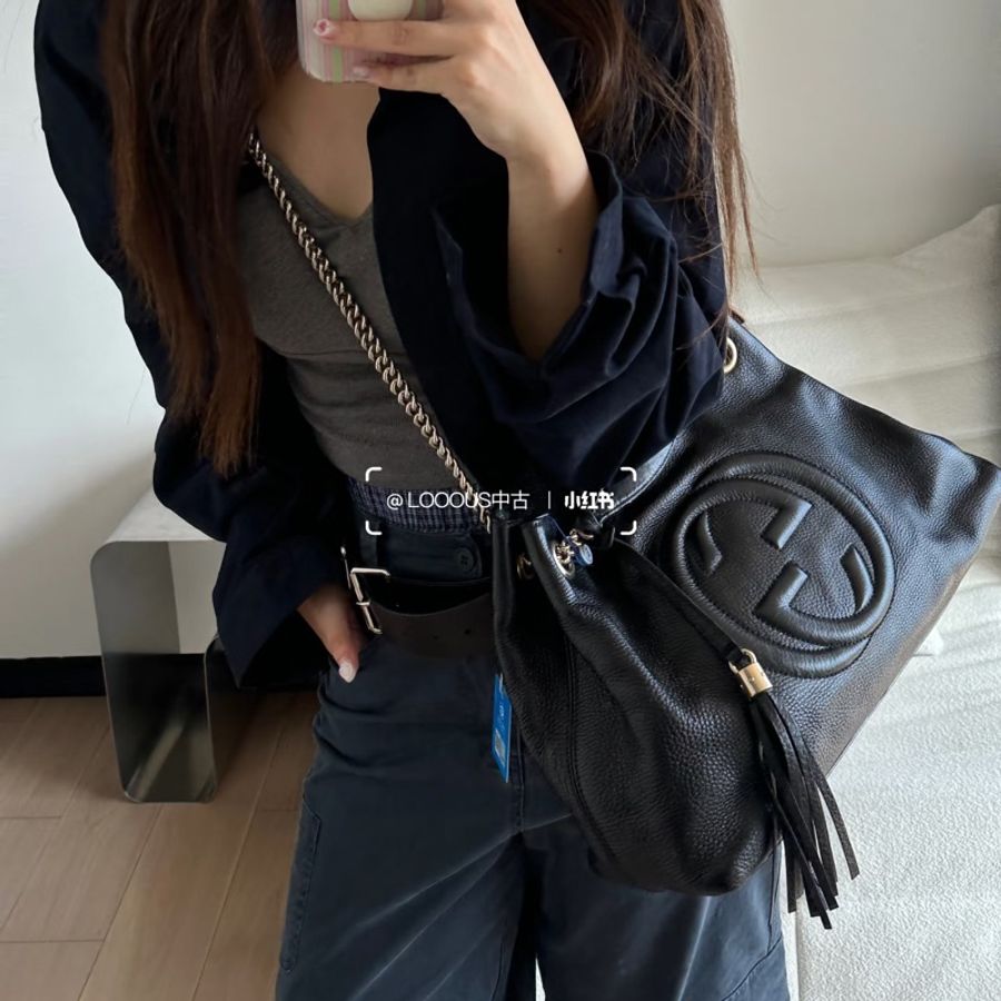 #超便宜💰 #荔枝皮 GUCCI SOHO流蘇包 黑淡金扣超質感✨🉑單肩🉑斜挎-4