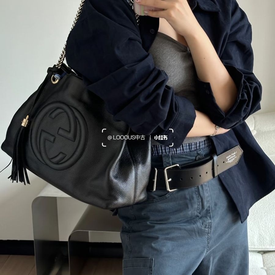 #超便宜💰 #荔枝皮 GUCCI SOHO流蘇包 黑淡金扣超質感✨🉑單肩🉑斜挎-5