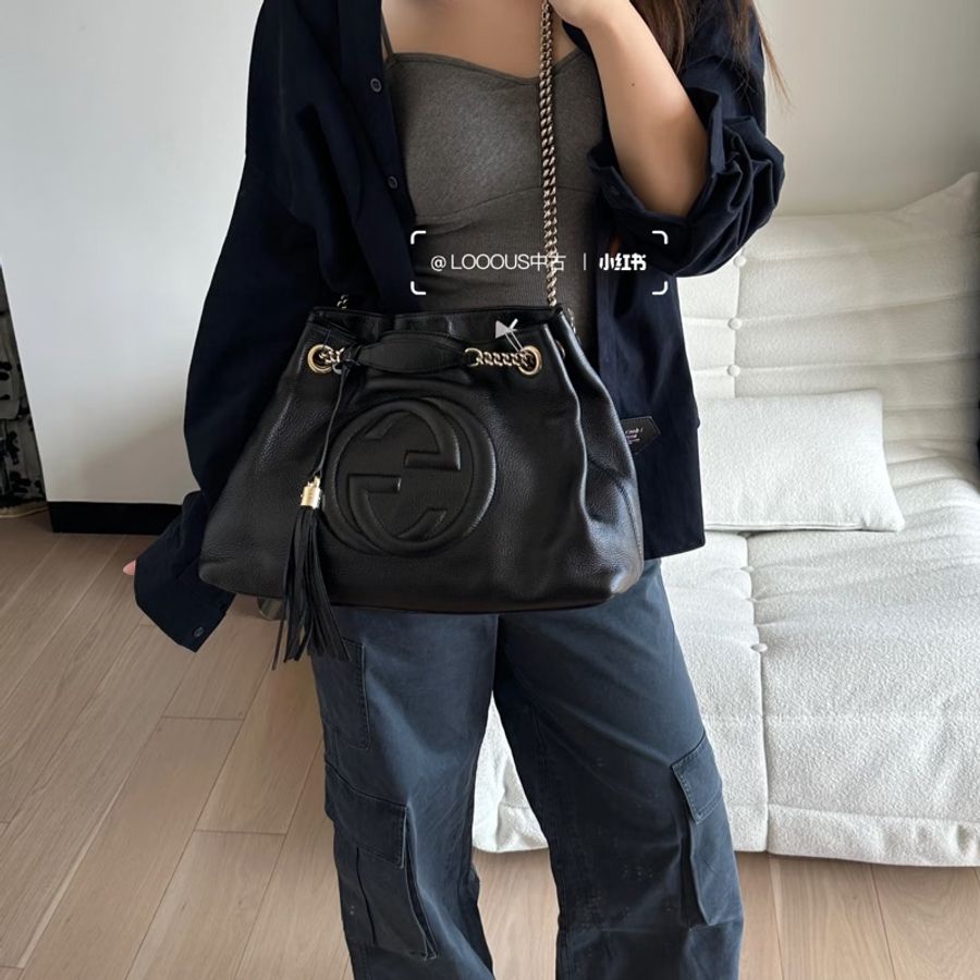 #超便宜💰 #荔枝皮 GUCCI SOHO流蘇包 黑淡金扣超質感✨🉑單肩🉑斜挎-6