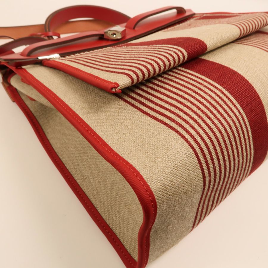 HERMES Toile H帆布Herbag PM手挽肩背兩用袋Rouge Piment/Bordeaux-15