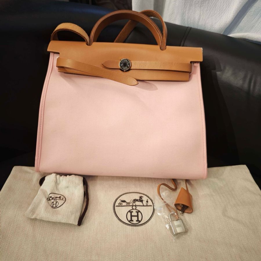 Hermes 愛馬仕 Herbag 粉色帆布拼皮銀扣子母包手提包單肩包-0