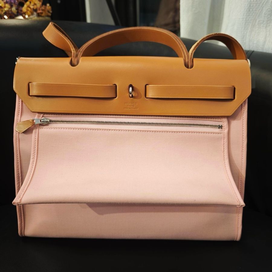 Hermes 愛馬仕 Herbag 粉色帆布拼皮銀扣子母包手提包單肩包-2