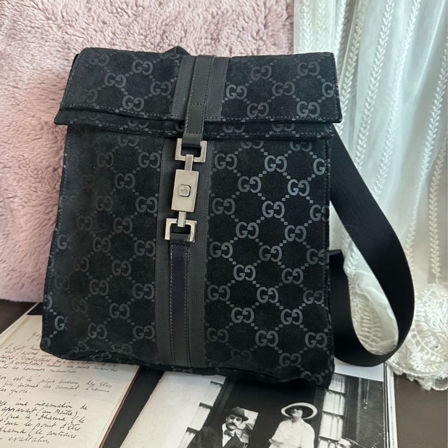 古馳 後背包 黑色皮革 老花 後背包 雙肩包 黑色麂皮 中古 復古 中古 復古 古董包 vintage gucci black leather monogram backpack-0