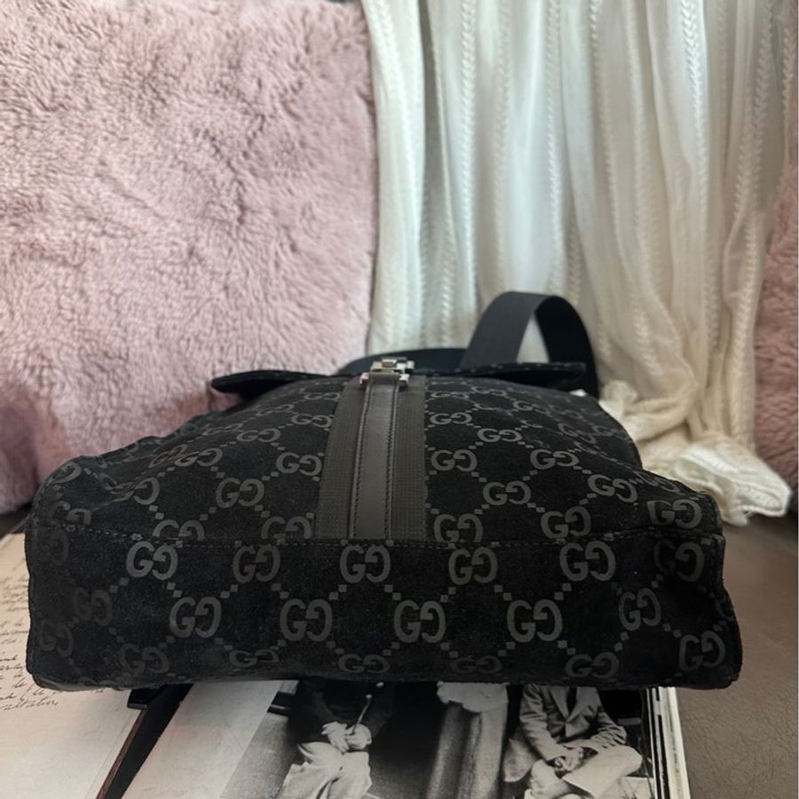 古馳 後背包 黑色皮革 老花 後背包 雙肩包 黑色麂皮 中古 復古 中古 復古 古董包 vintage gucci black leather monogram backpack-4