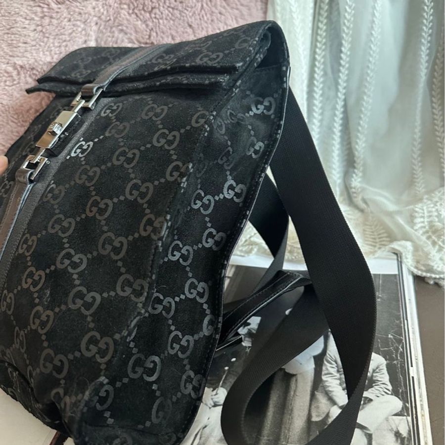 古馳 後背包 黑色皮革 老花 後背包 雙肩包 黑色麂皮 中古 復古 中古 復古 古董包 vintage gucci black leather monogram backpack-9