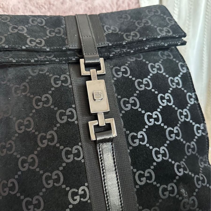 古馳 後背包 黑色皮革 老花 後背包 雙肩包 黑色麂皮 中古 復古 中古 復古 古董包 vintage gucci black leather monogram backpack-12