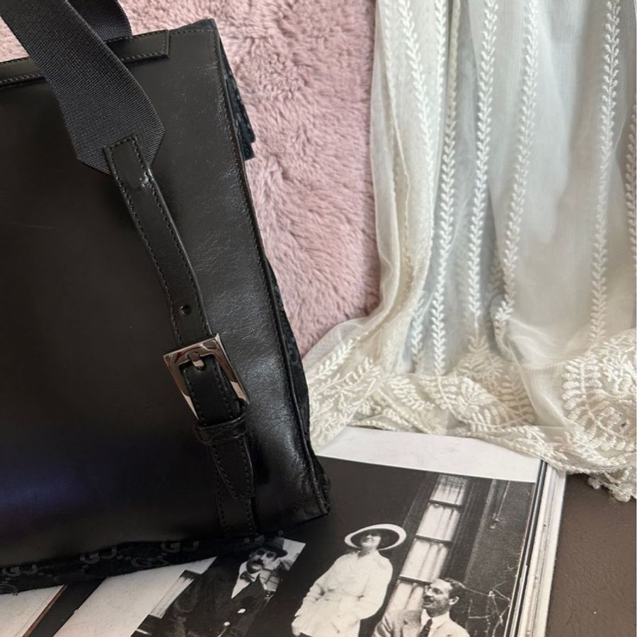 古馳 後背包 黑色皮革 老花 後背包 雙肩包 黑色麂皮 中古 復古 中古 復古 古董包 vintage gucci black leather monogram backpack-18