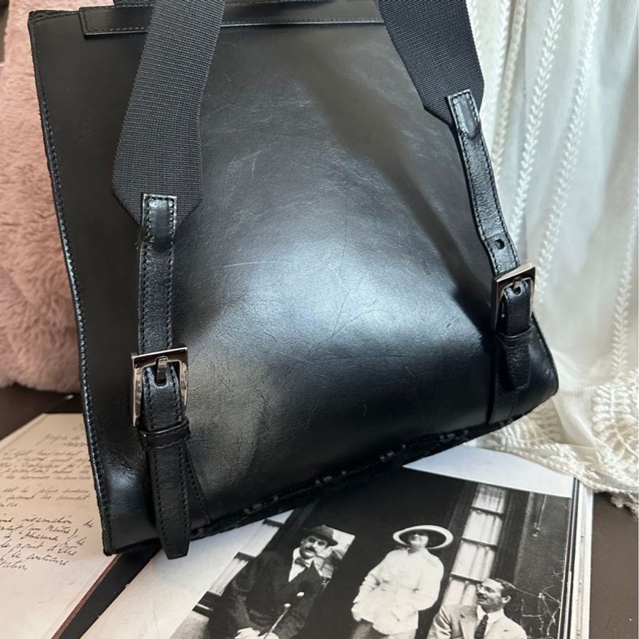 古馳 後背包 黑色皮革 老花 後背包 雙肩包 黑色麂皮 中古 復古 中古 復古 古董包 vintage gucci black leather monogram backpack-19