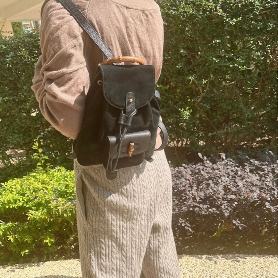古馳 中古竹節後背包 後背包 後背包 雙肩包 黑色 黑色皮革 中古 中古包背囊 經典款 迷你 vintage gucci black suede /leather bamboo mini backpack 古董包-6