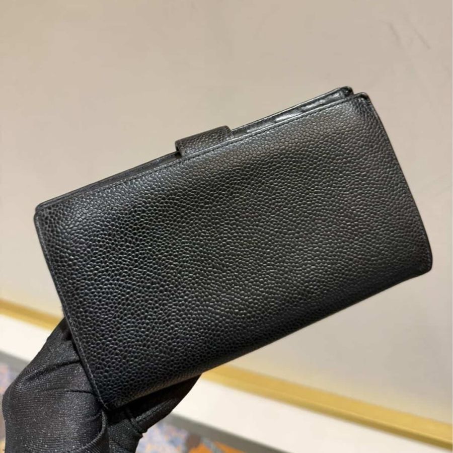 Chanel絕版大雙c 黑魚子醬 釦式長夾-8