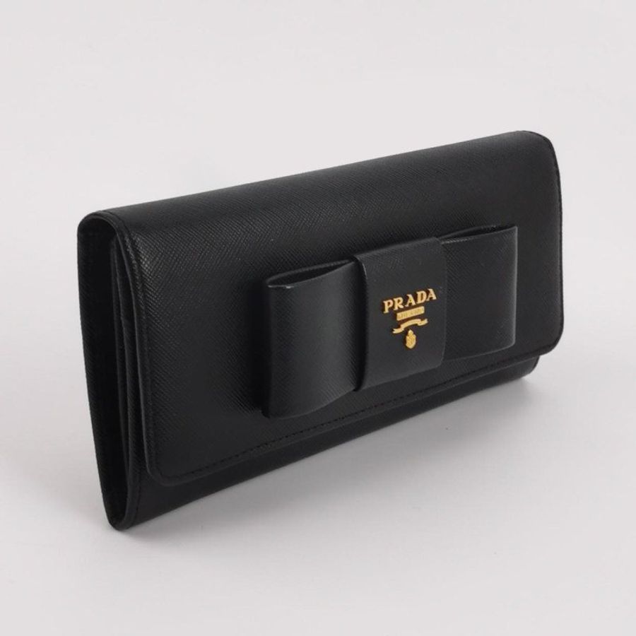 Prada牛皮純色字母Logo蝴蝶結裝飾皮夾-2